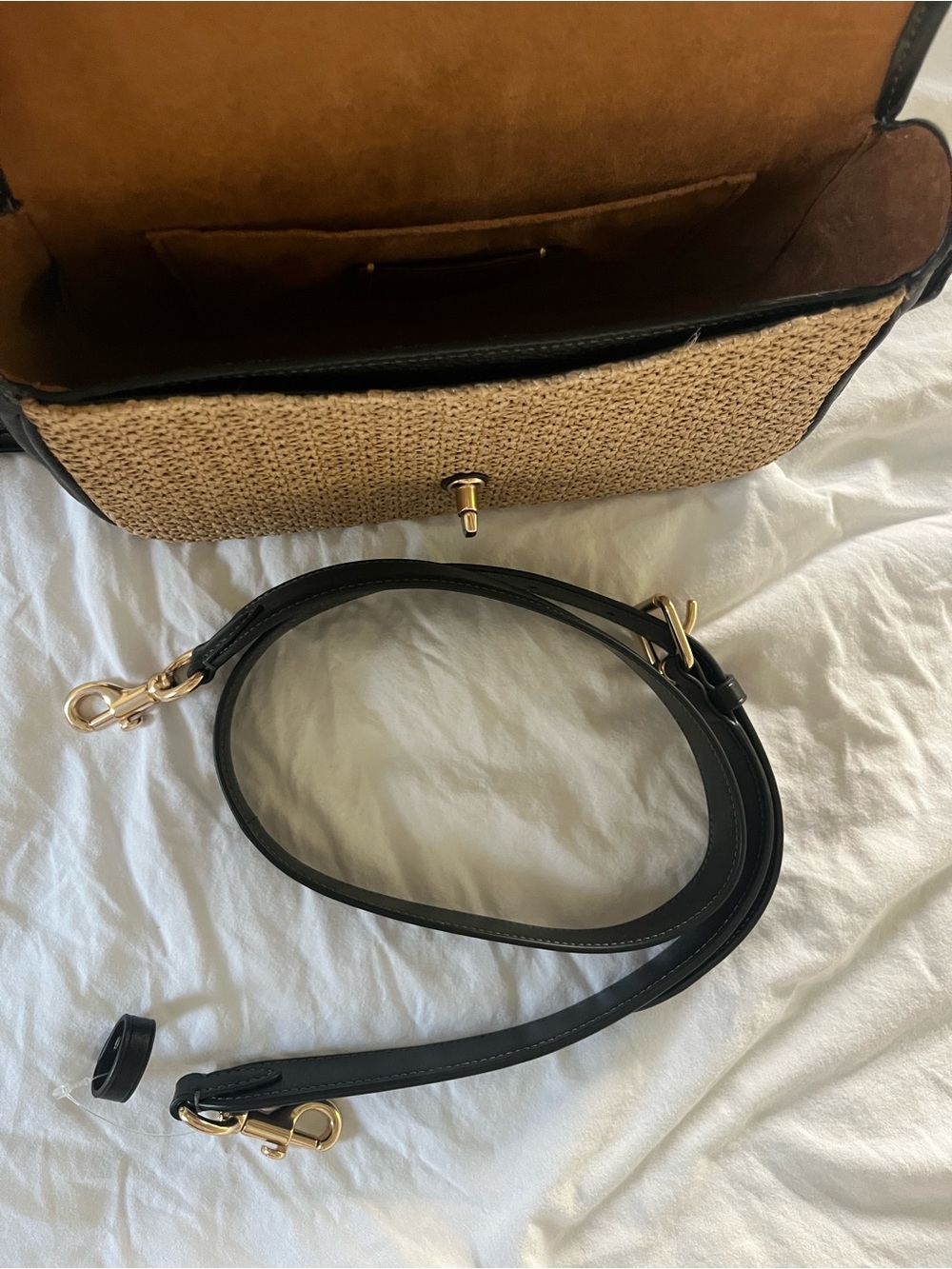 Coach Natural Straw and Black Leather Shoulder Bag with Gold Hardware - Picture 2 of 6